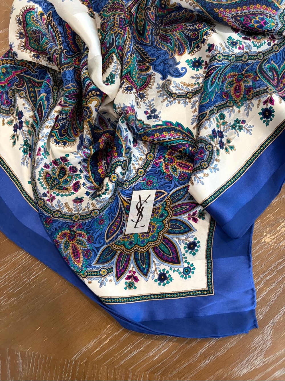 YSL Silk Scarf Blue White Paisley Logo 41 Inch Hand Rolled - Picture 10 of 11